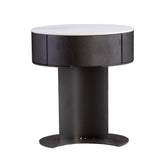 Pavia side table with slate-like composite rock surface, carbon grey ash wood veneer, and matte black carbon steel frame in a modern luxury bedroom